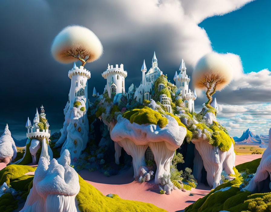 Whimsical castles on oversized mushroom formations in a fantastical landscape