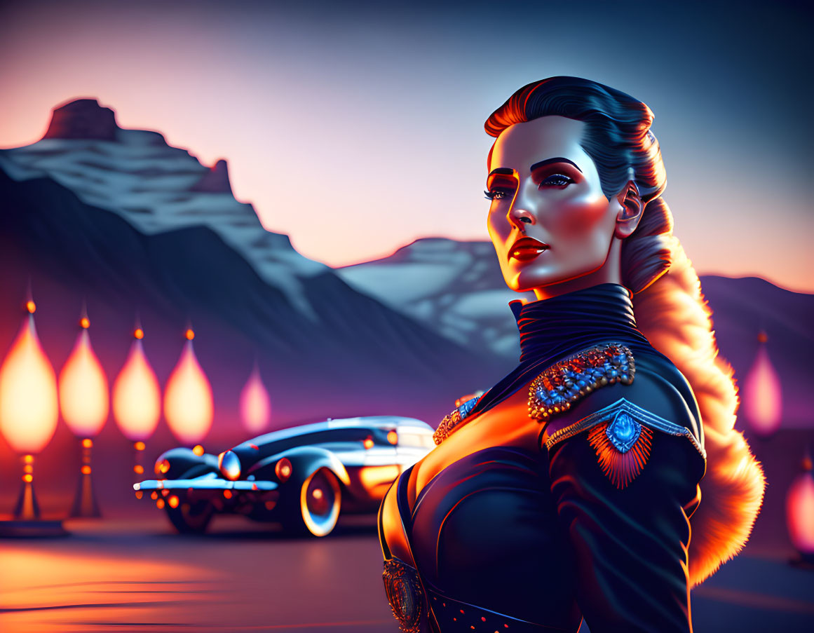 Digital art: Woman in fur collar & military attire, mountains & vintage cars under streetlights