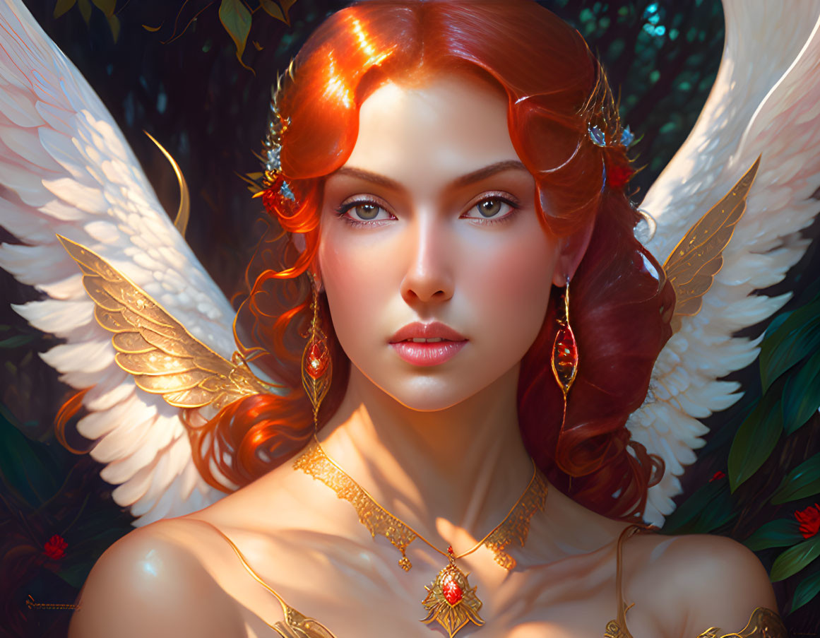 Red-Haired Angelic Figure with White Wings in Fantastical Forest