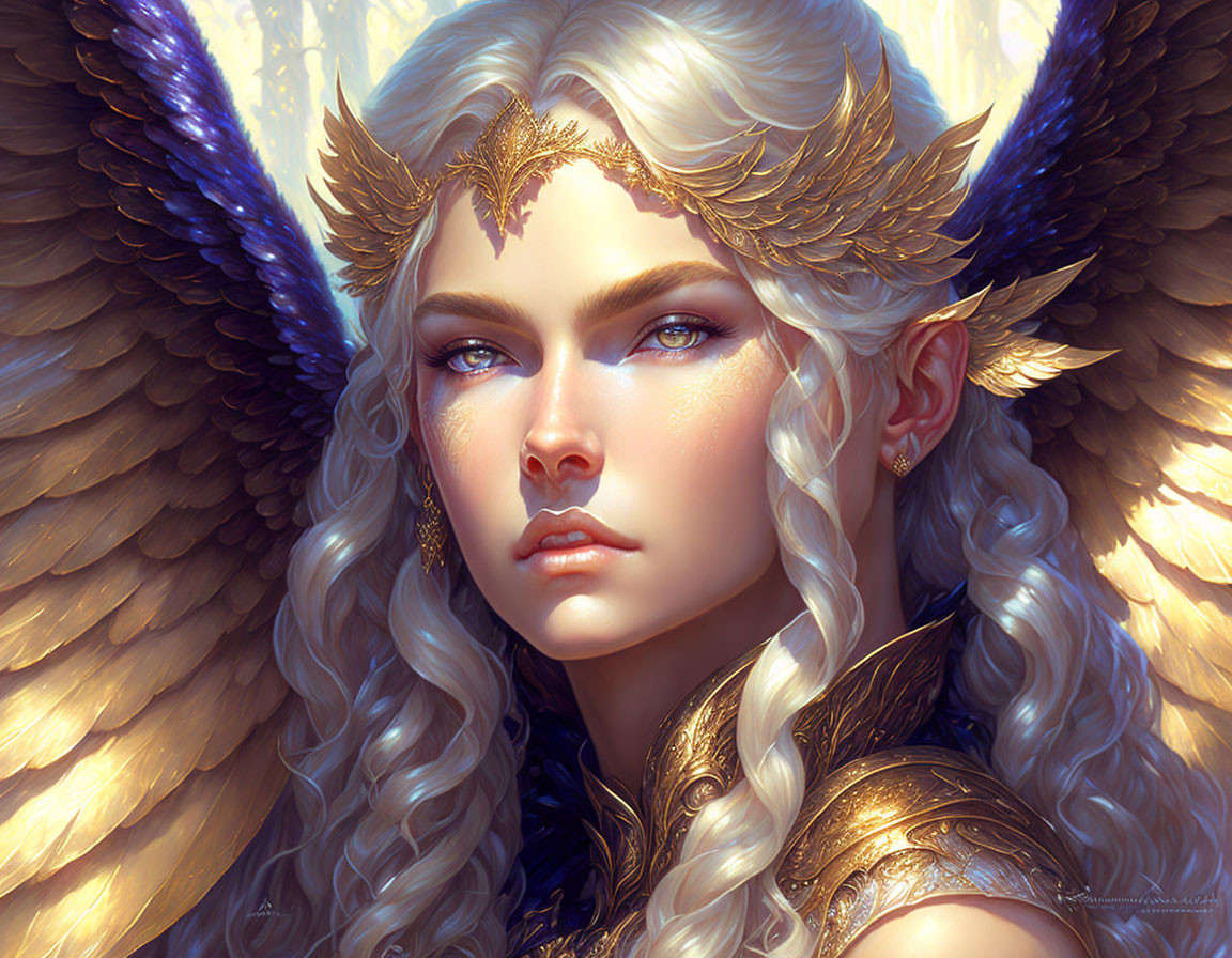 Fantasy Figure with Golden Hair, Blue Eyes, Pointed Ears, and Crown-like Headpiece