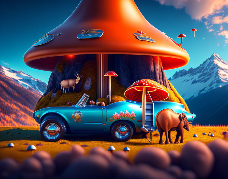 Whimsical retro car under giant mushroom in mountain setting