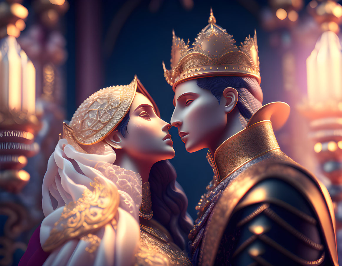 Regal king and queen in intimate moment, adorned in luxurious attire against ornate backdrop