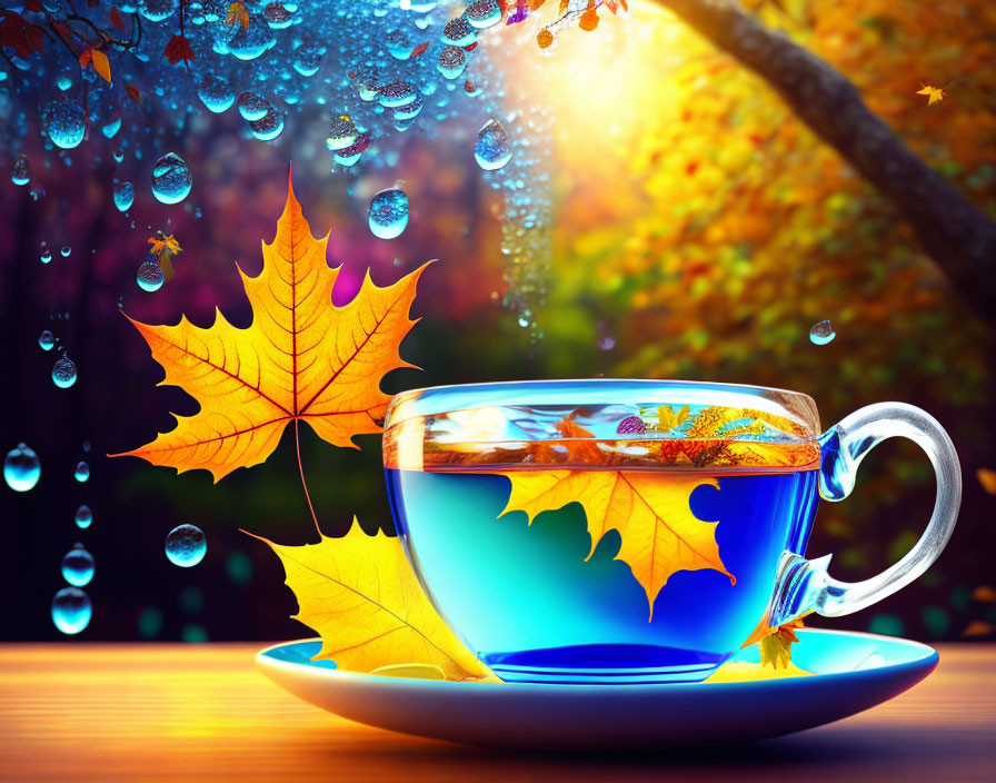 Glass cup of tea with leaves on saucer against autumn leaf backdrop