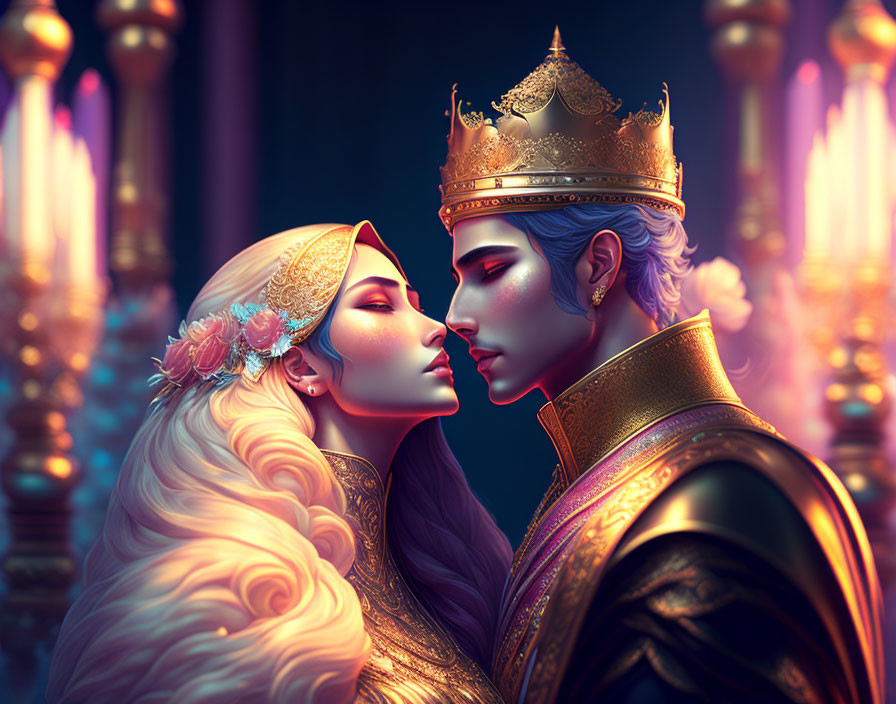 Regal couple in ornate crowns and robes with warm, luxurious ambiance