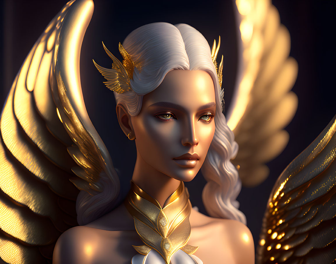 Female Figure with Golden Angelic Wings and Crown in 3D Artwork