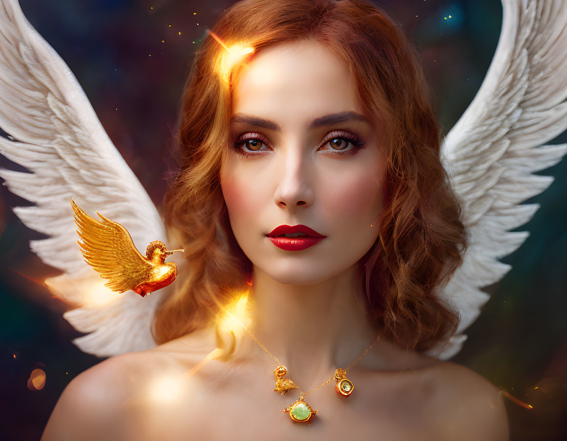 Mystical woman with angel wings and golden bird in glowing light