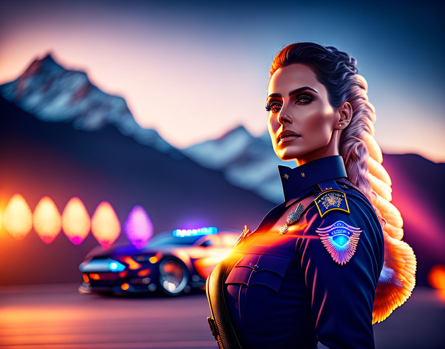 Futuristic digital art: Woman in police uniform with braid, neon cars & mountains