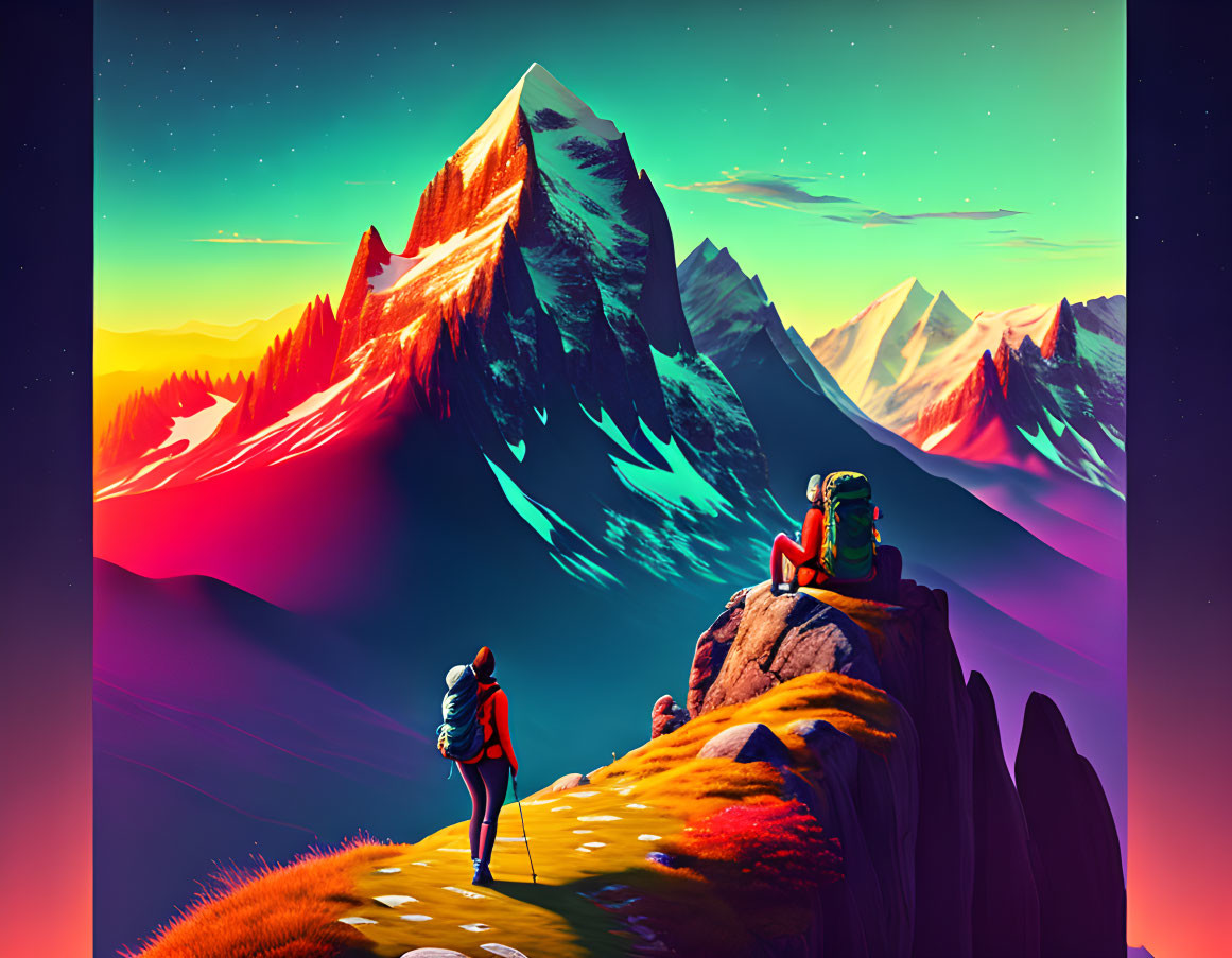 Hikers on mountain trail at sunset with vibrant colors & angular peaks