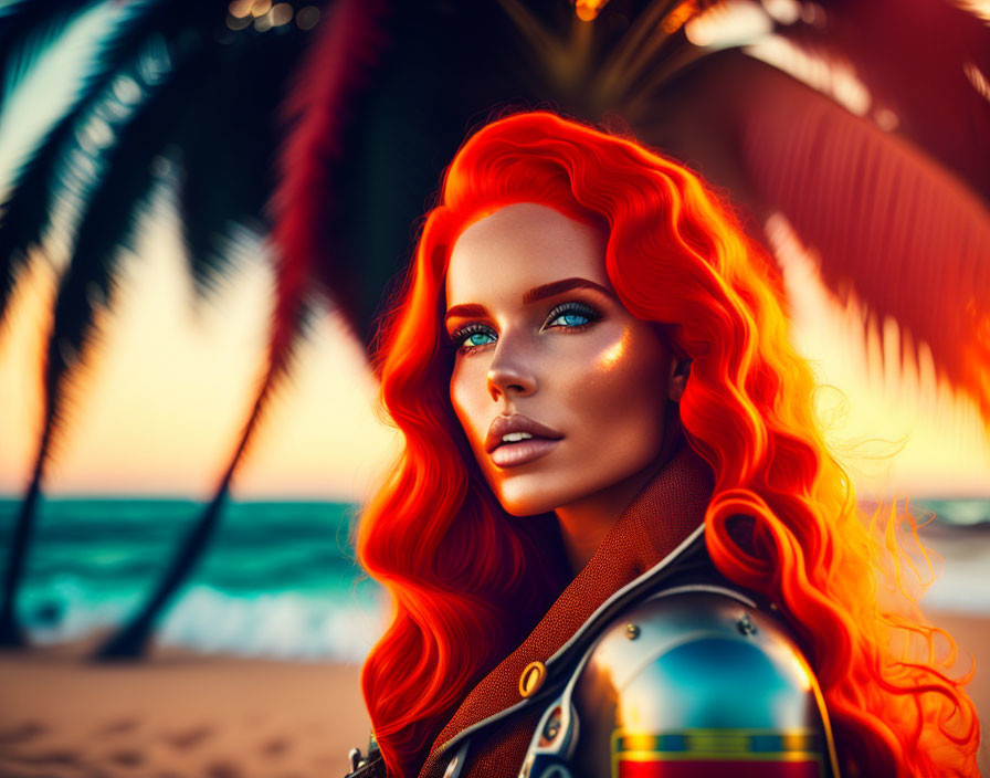 Red-haired woman in futuristic armor on tropical beach with palm trees