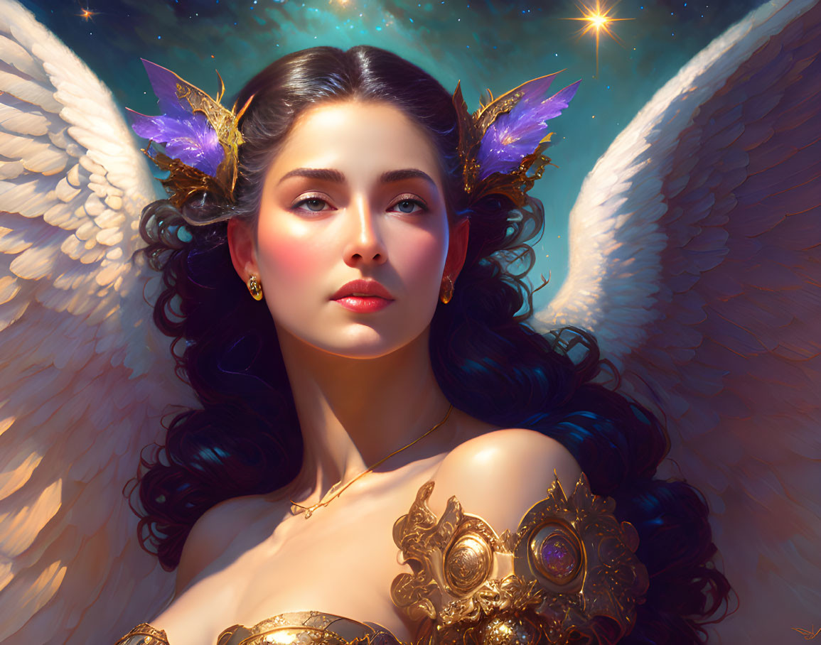 Digital art portrait of woman with angelic wings and golden armor in serene gaze against starry backdrop