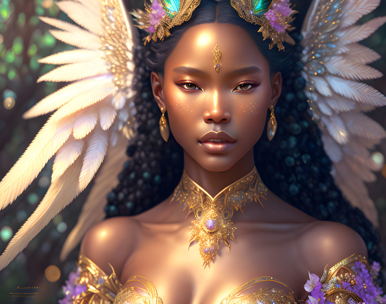 Detailed Digital Portrait of Woman with Golden Jewelry and Feathered Headdress