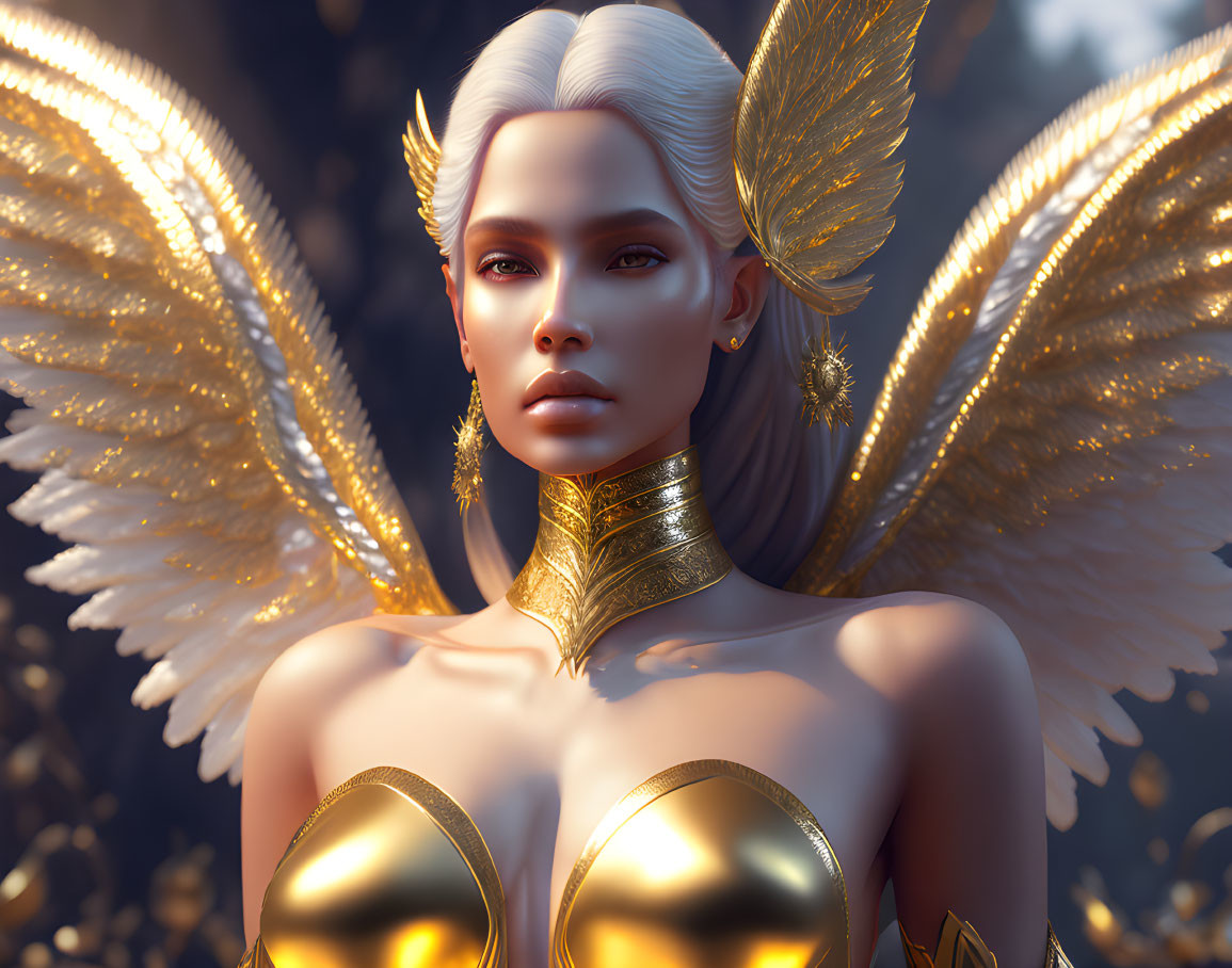 Digital Art Depicting Woman with White Hair and Golden Angel Wings