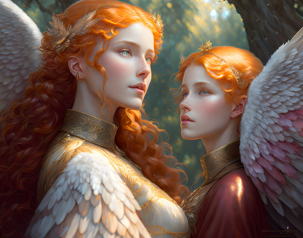 Ethereal figures with red hair and gold attire in forest setting