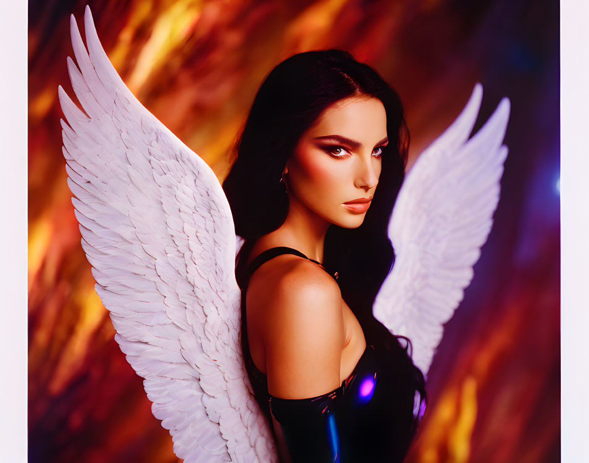 Dark-haired woman with white angel wings in warm, colorful abstract setting