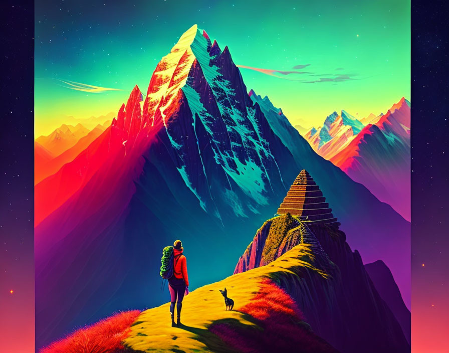 Colorful digital artwork: person and dog on hill, neon-lit mountain range under starry sky