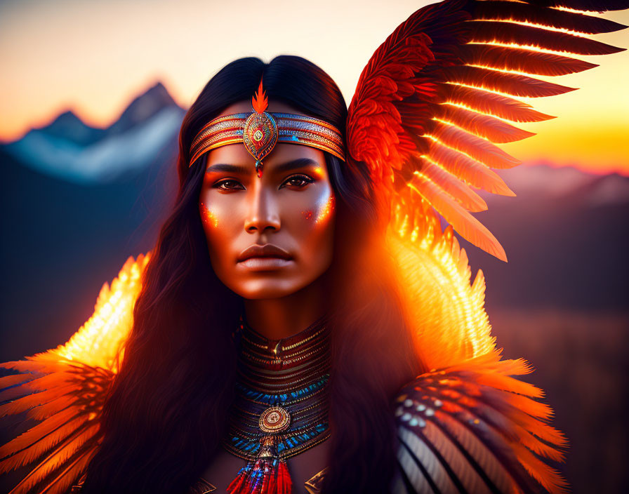 Woman with Striking Makeup and Feathered Headdress in Sunset Mountain Scene