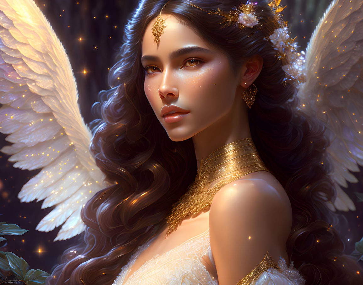 Ethereal female figure with brown hair, gold jewelry, white wings, starry backdrop