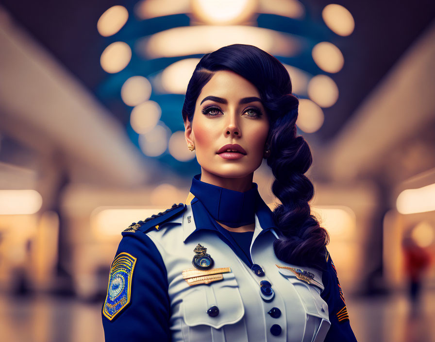 Stylized police woman in decorative uniform under circular lights