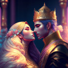 Regal king and queen in intimate moment, adorned in luxurious attire against ornate backdrop