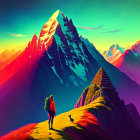 Hikers on mountain trail at sunset with vibrant colors & angular peaks