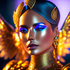 Portrait of Woman with Golden Wings and Blue Makeup on Dark Background