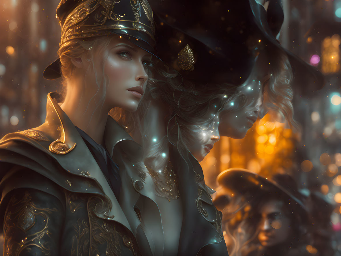 Blonde woman in military hat with ghostly figure on bokeh background