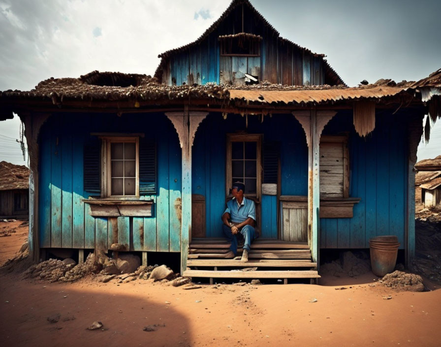 Person sitting on porch of weathered blue house in dusty environment