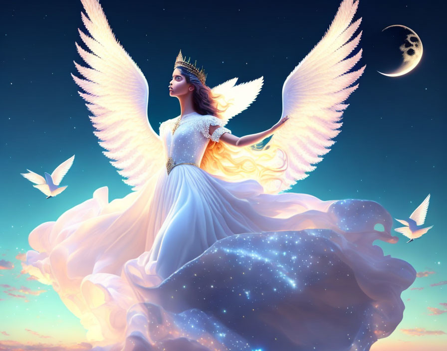 Ethereal winged figure in starry gown against twilight sky