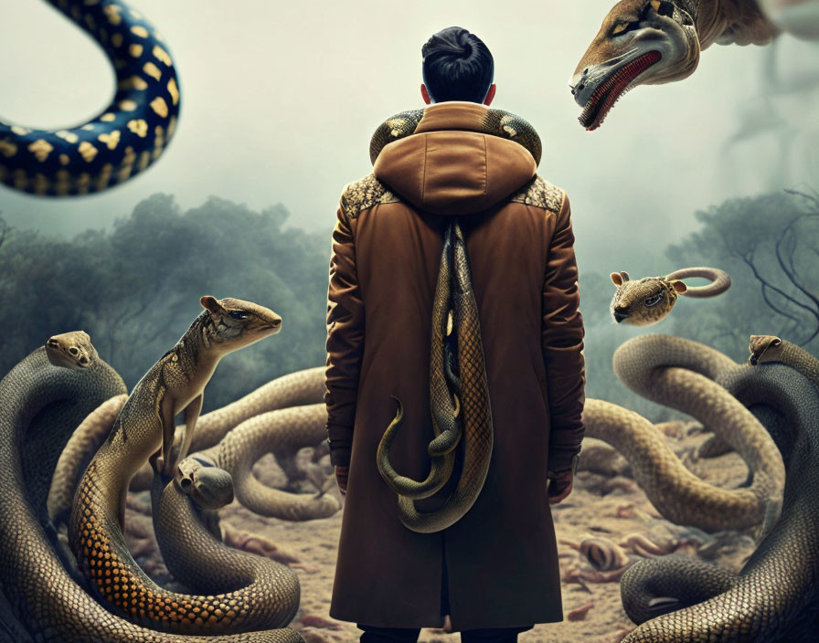 Person in Brown Jacket Surrounded by Oversized Snakes in Mysterious Forest