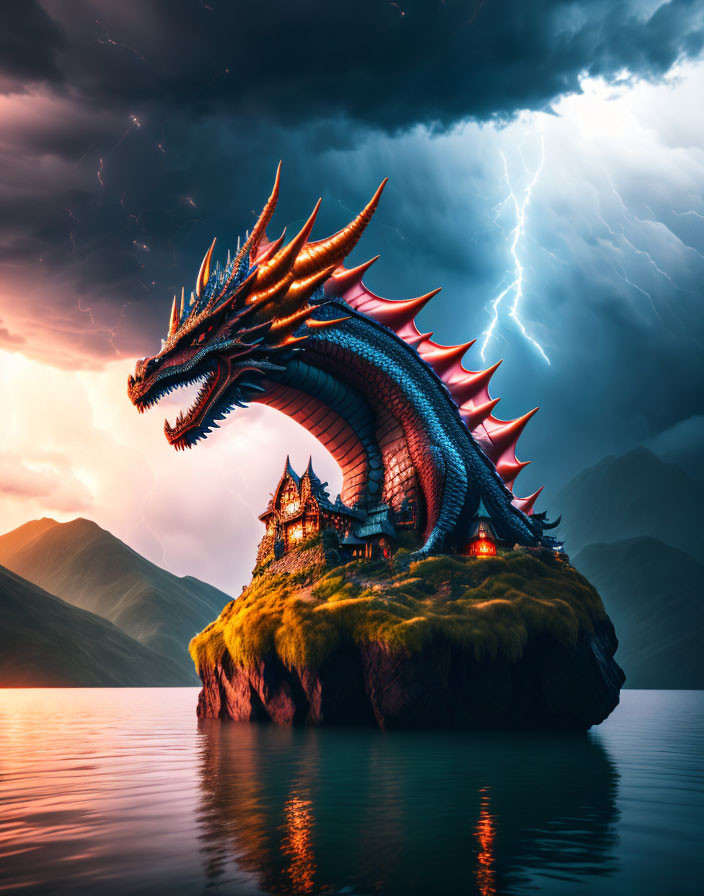 Blue and Orange Dragon on Island with Traditional Building in Stormy Sky