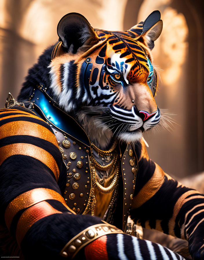 Intricate humanoid tiger character in golden armor artwork