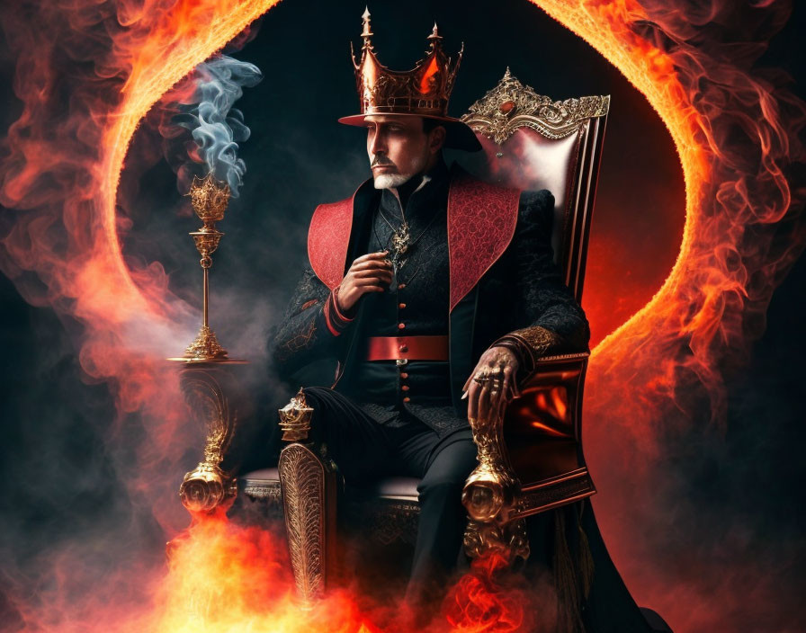 Majestic man with crown on throne surrounded by fiery loop and smoke