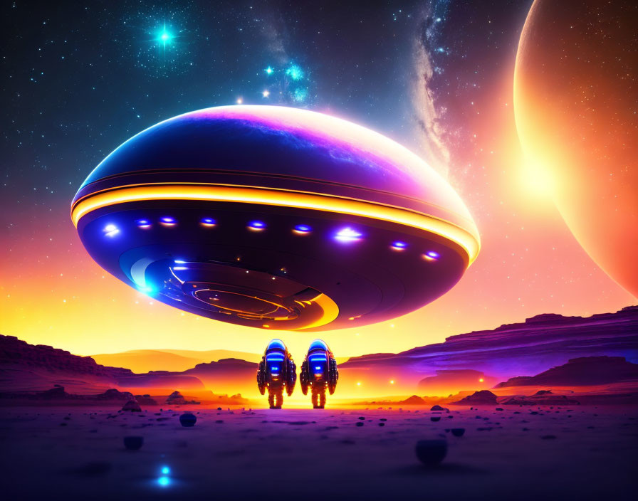 Sleek UFO over rocky alien landscape with astronauts and celestial sky