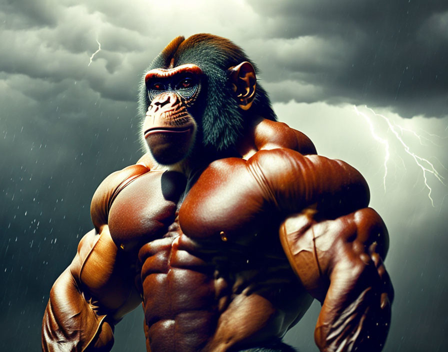 Muscular anthropomorphic ape in intense gaze under stormy sky