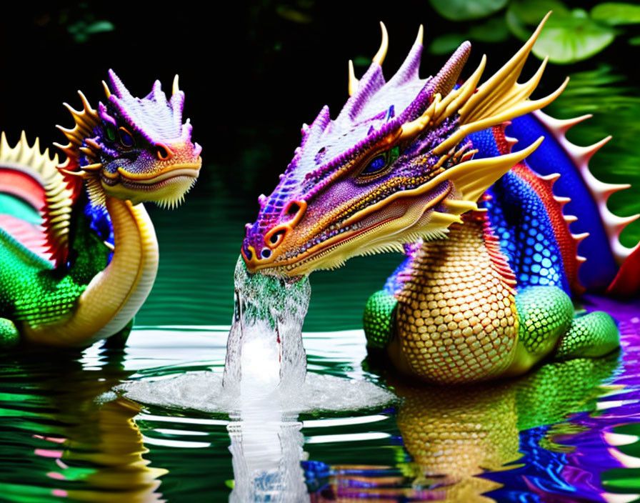 Colorful Dragon Figurines Facing Each Other in Lush Greenery