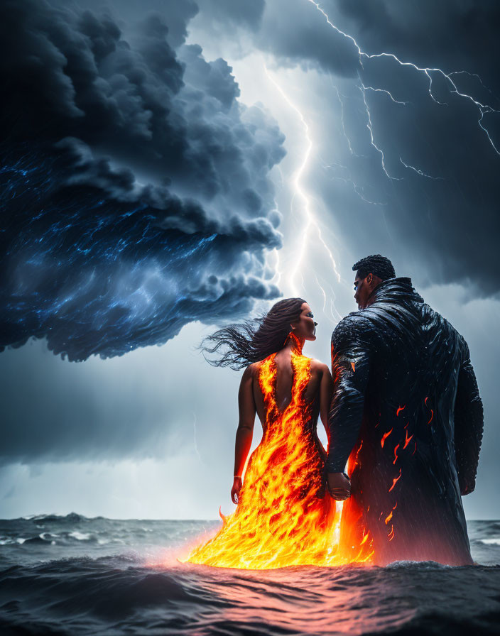 Couple with fire and ice elemental powers in stormy sea with lightning