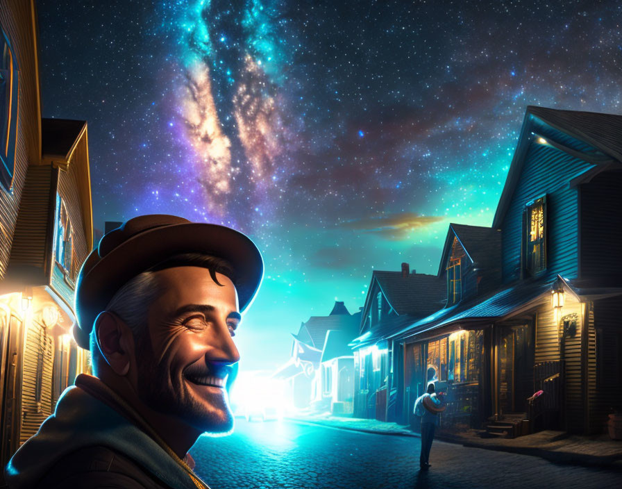 Smiling man in hat under starry night sky with musician and old-fashioned buildings.