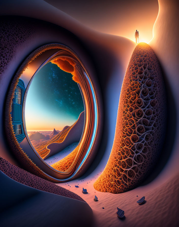 Surreal desert cliff scene with ornate keyhole and melting clocks