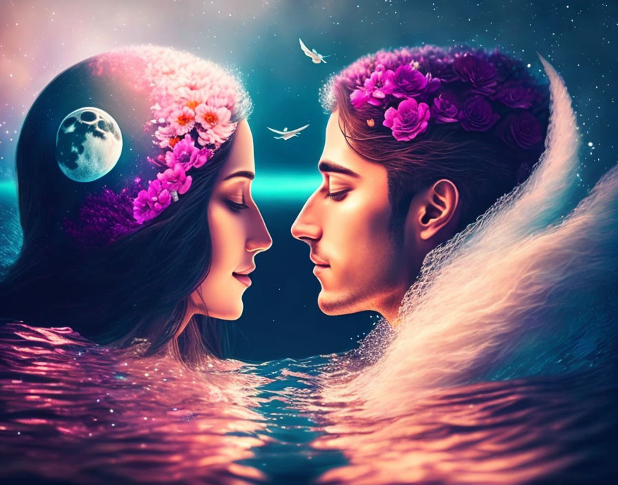 Man and woman with floral crowns in cosmic setting.