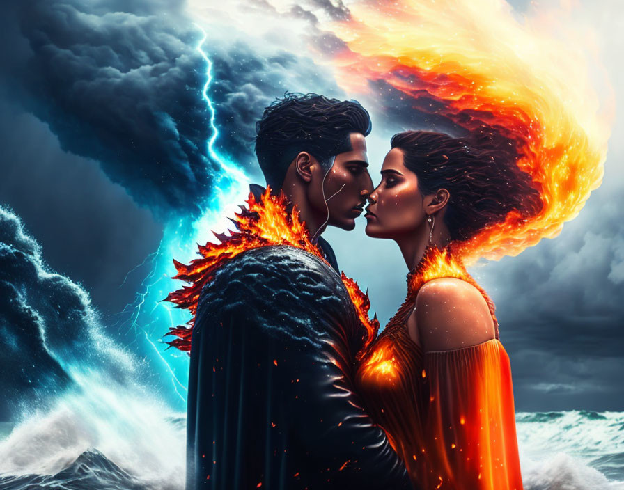 Digital artwork of two people kissing with fiery and stormy hair symbolizing intense emotions