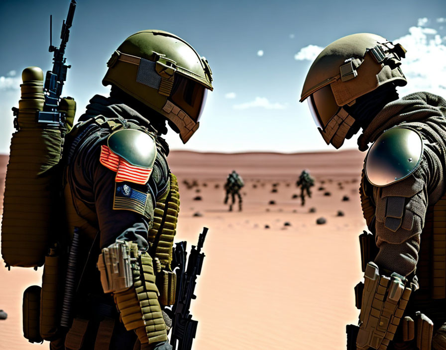 Futuristic soldiers with rifles in desert landscape with American flag patch