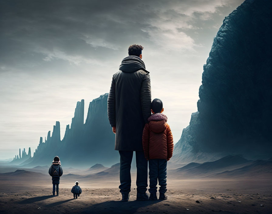 Adult and two children in rocky landscape under dusky sky.