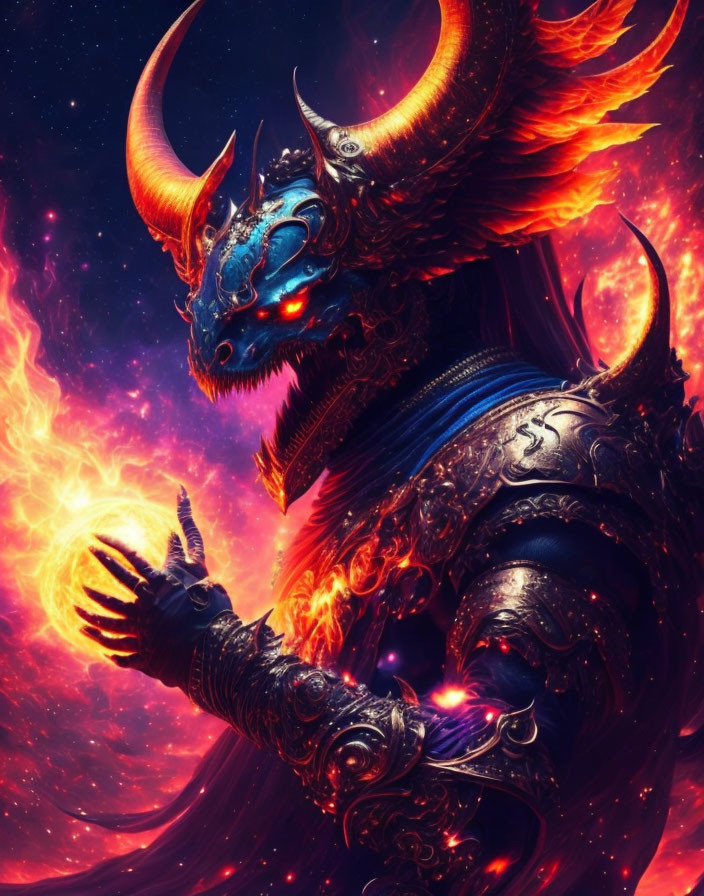 Dragon-headed figure in ornate armor with glowing orb in cosmic scene