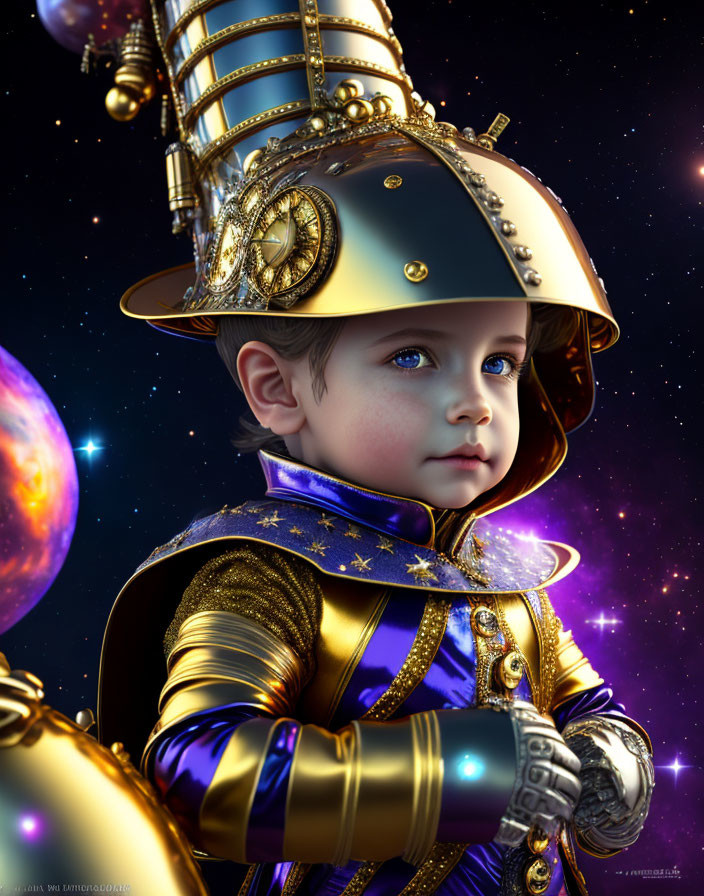 Child in Space-Themed Uniform with Golden Gears and Stars