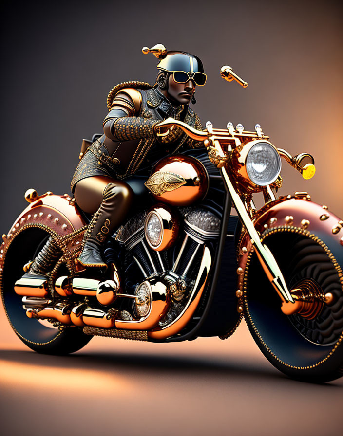 Stylized muscular figure in ornate armor on classic motorcycle