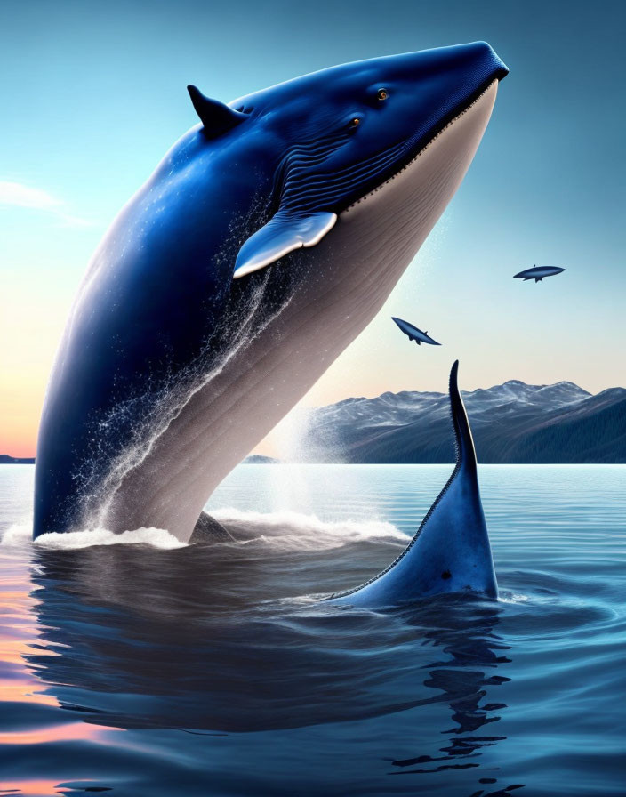 Surreal digital artwork: Blue whale breaching ocean with flying fish & mountains.