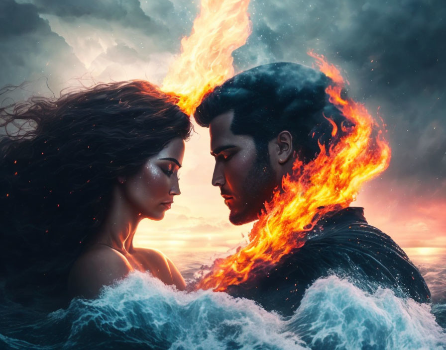 Man and woman symbolize fire and water elements in dramatic union