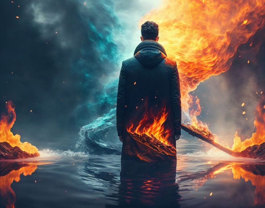 Person with long oar in fiery explosion and turbulent water