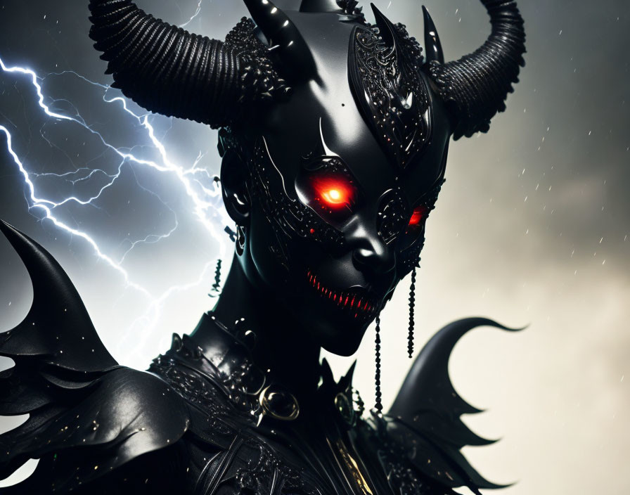 Dark figure with red eyes, horns, winged armor in stormy sky