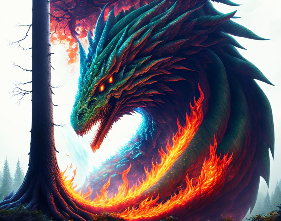 Majestic green dragon with fiery scales in mystical forest